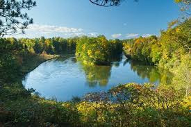 Aerial view of the Manistee River winding through autumn forest